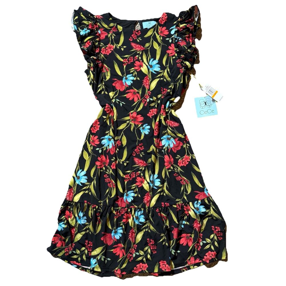 Cece Women’s Floral Print Size Small Floral Babydoll Cap Sleeve Mini Dress Black